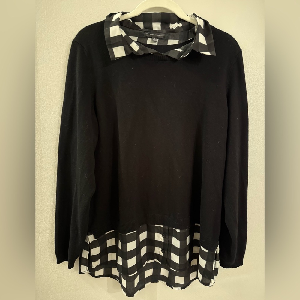 Adrianna Papell Black Sweater with Checkered Collar